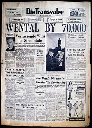 Voorblad van Die Transvaler wat die resultaat van die 1960-referendum aankondig.